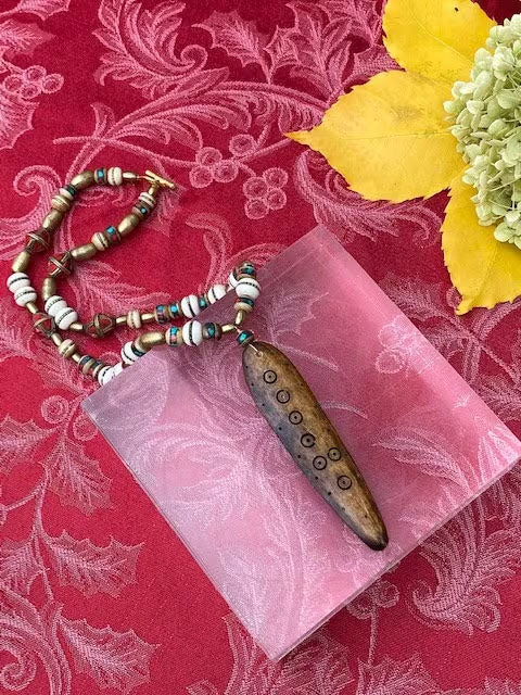 African Medicine stick made of bone with turquoise and coral prayer bead necklace and gold fill toggle clasp