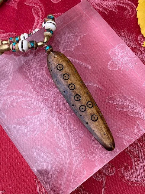 African Medicine stick made of bone with turquoise and coral prayer bead necklace and gold fill toggle clasp