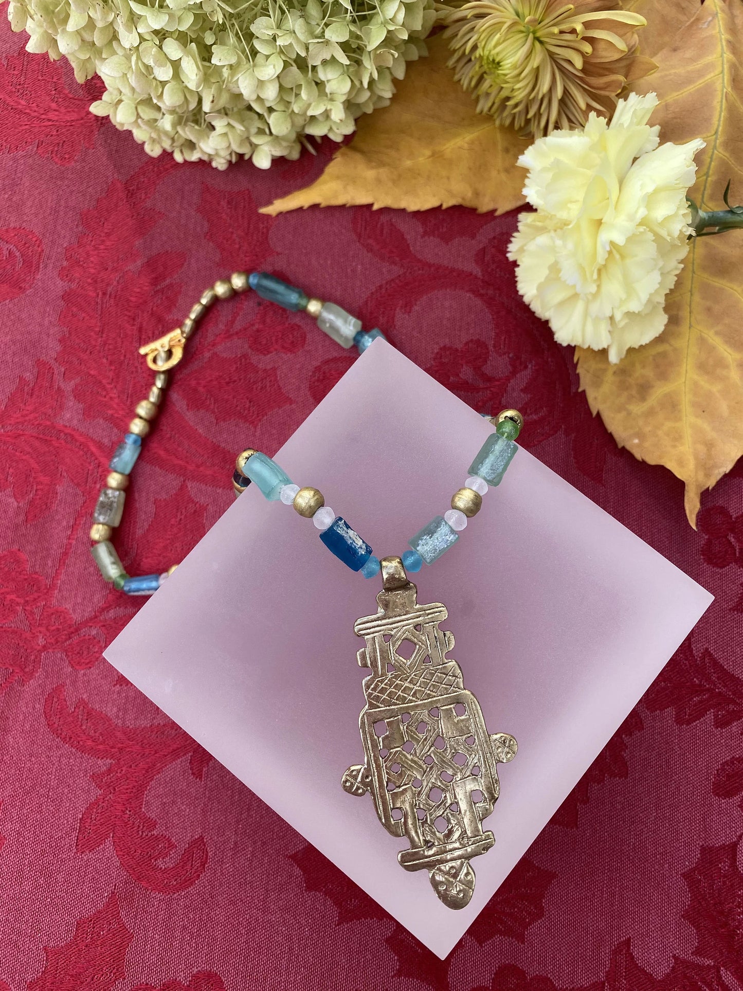 Coptic Cross with Roman Glass Tube Beads