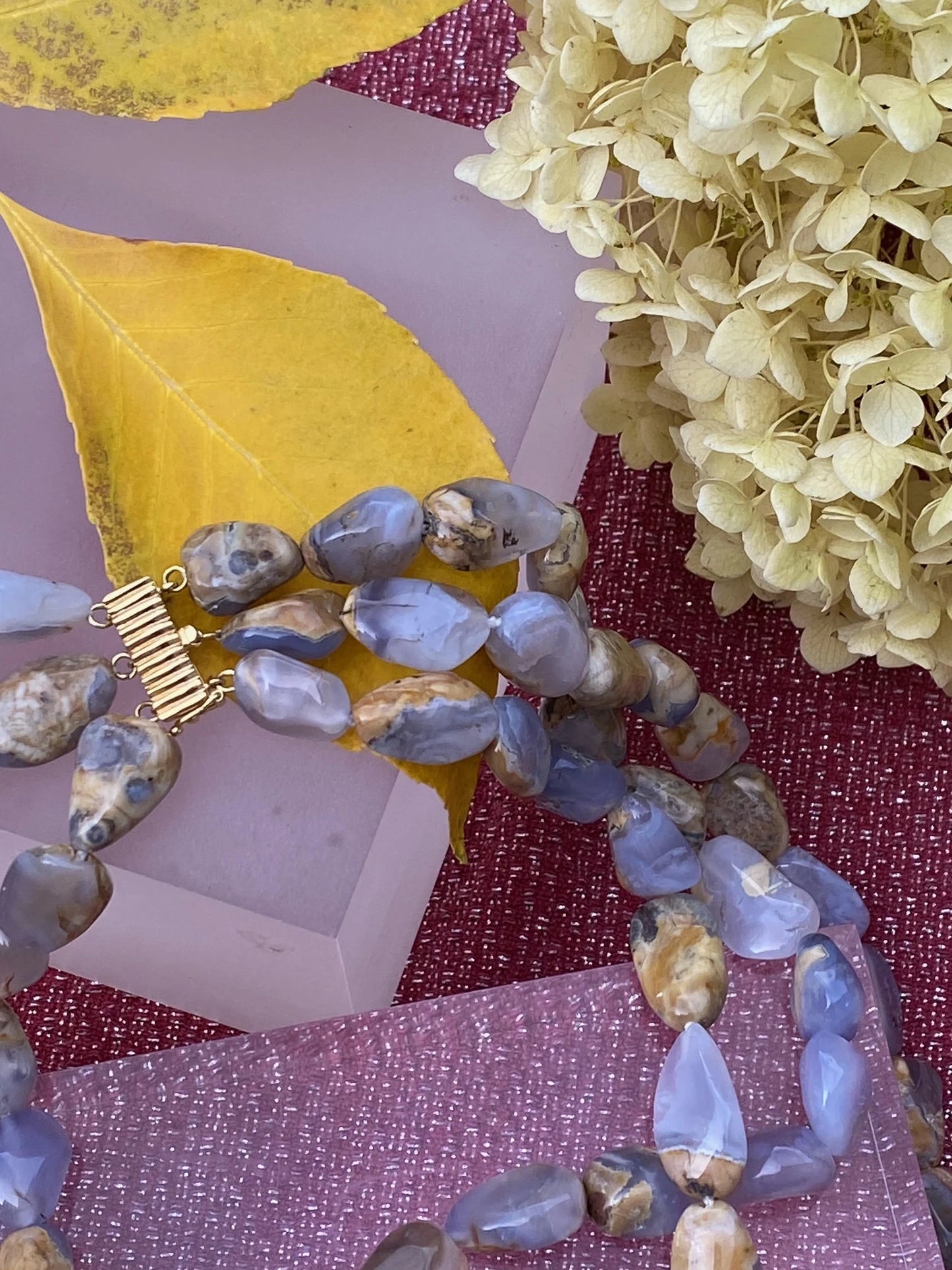 Chalcedony with the skin triple strand necklace with 14KY gold clasp