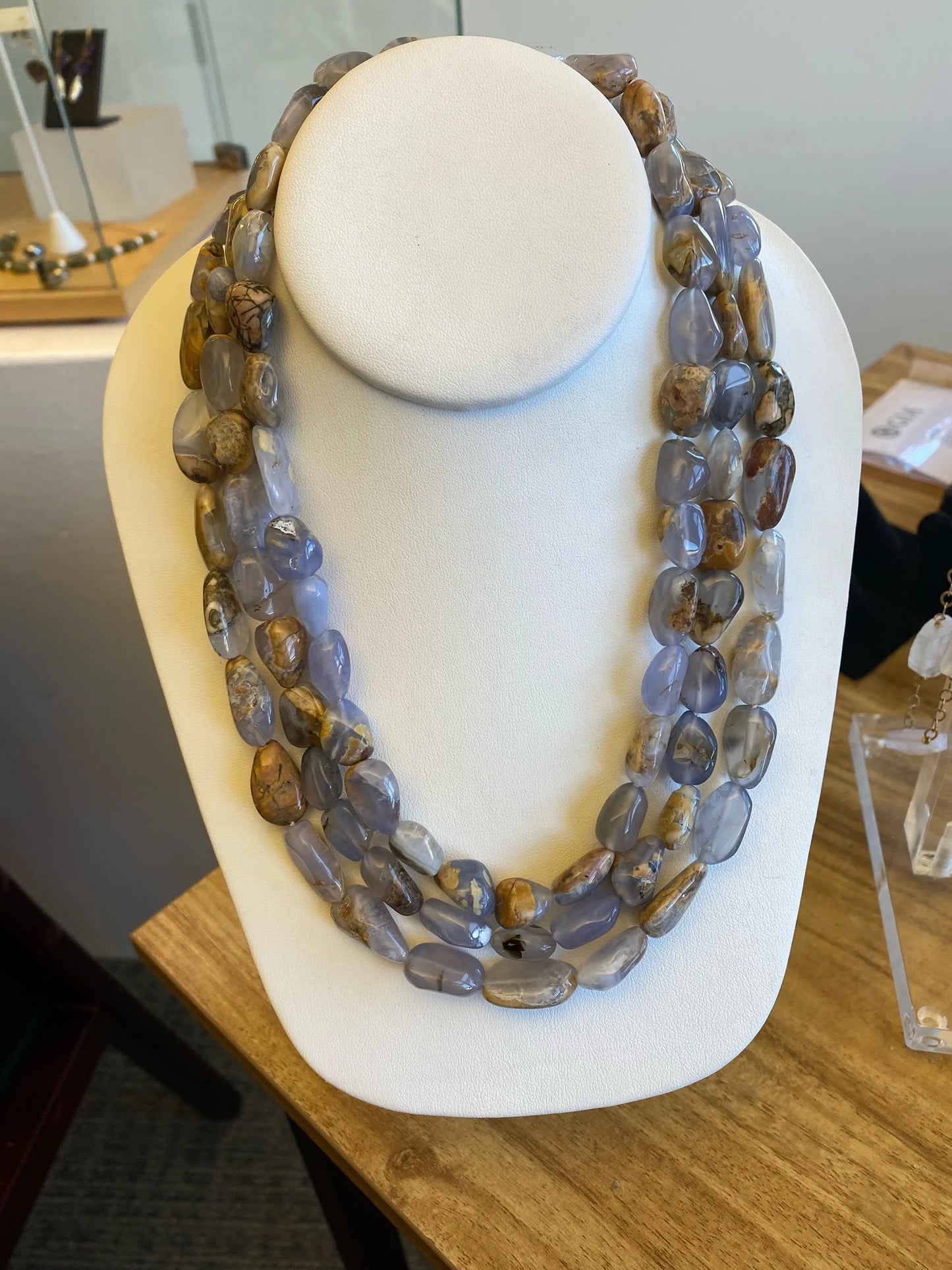 Chalcedony with the skin triple strand necklace with 14KY gold clasp