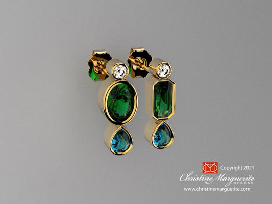 Diopside, aquamarine, and diamond post earrings in 18KY gold