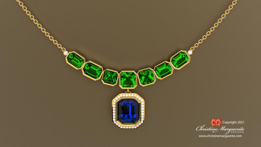 Aquamarine, Diopside, and Diamond Necklace Set in 18KY gold