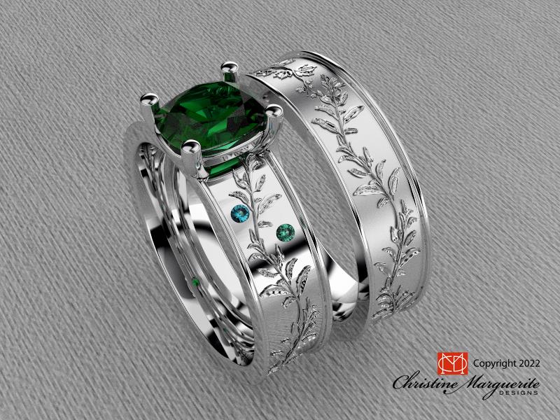 California White Sage and Grape Leaves ring with vintage green sapphire
