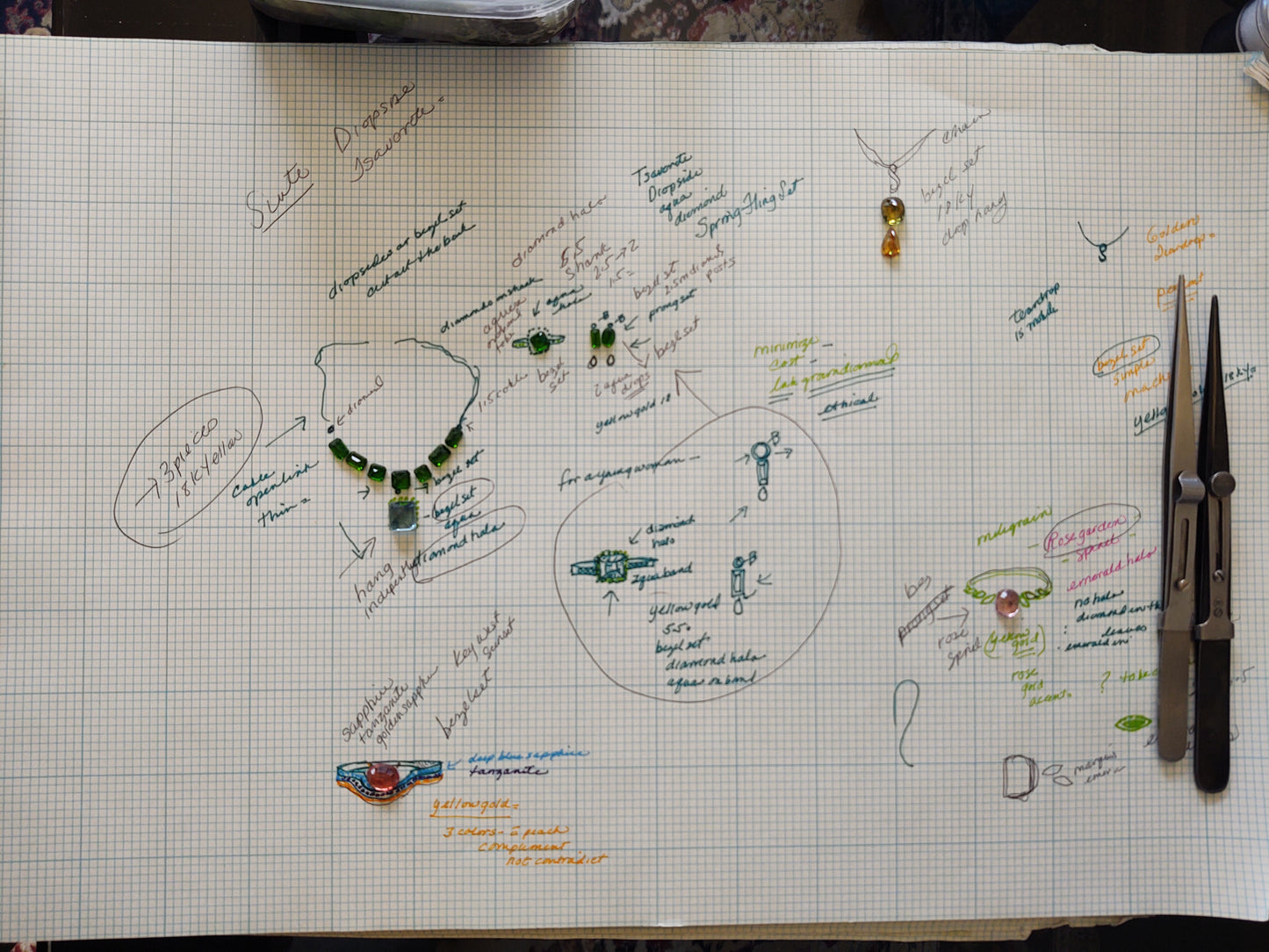 Aquamarine, Diopside, and Diamond Necklace Set in 18KY gold