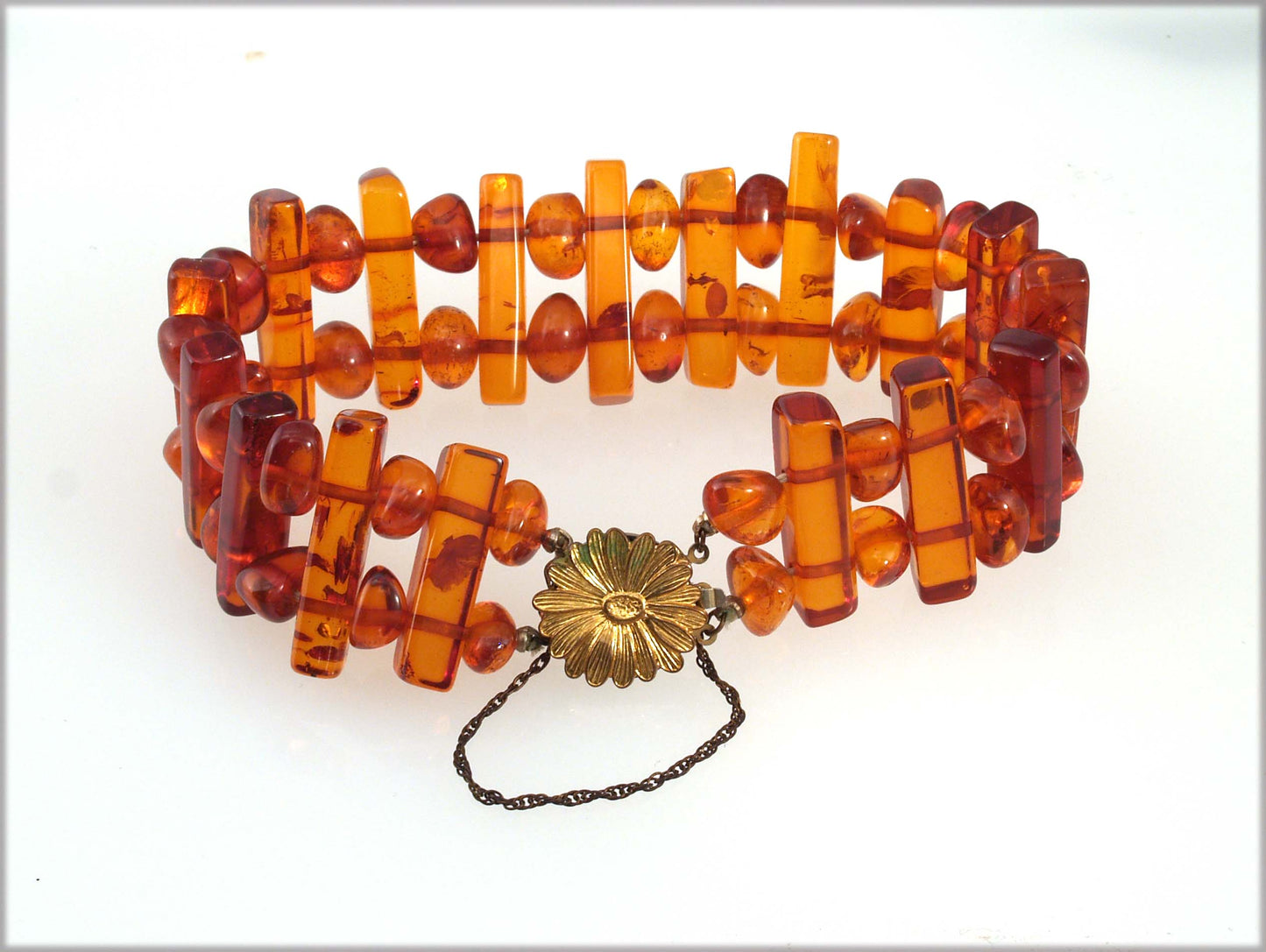 HE-Double strand Baltic Amber bracelet with Gold Fill floral clasp