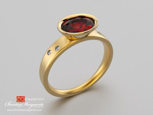 Bezel Setting Ring with tapered shank in 18KY gold and accent asymmetrical flush diamonds