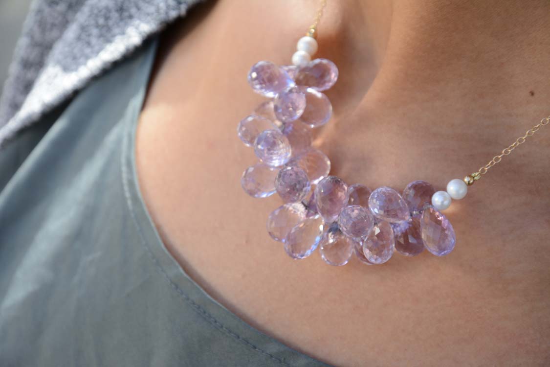 Amethyst Briolette Necklace Fine Gem Quality in 14KY gold with cultured pearl accents