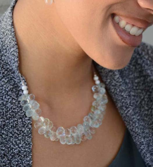 Multi-colored beryl faceted briolette necklace with white gold and pearls
