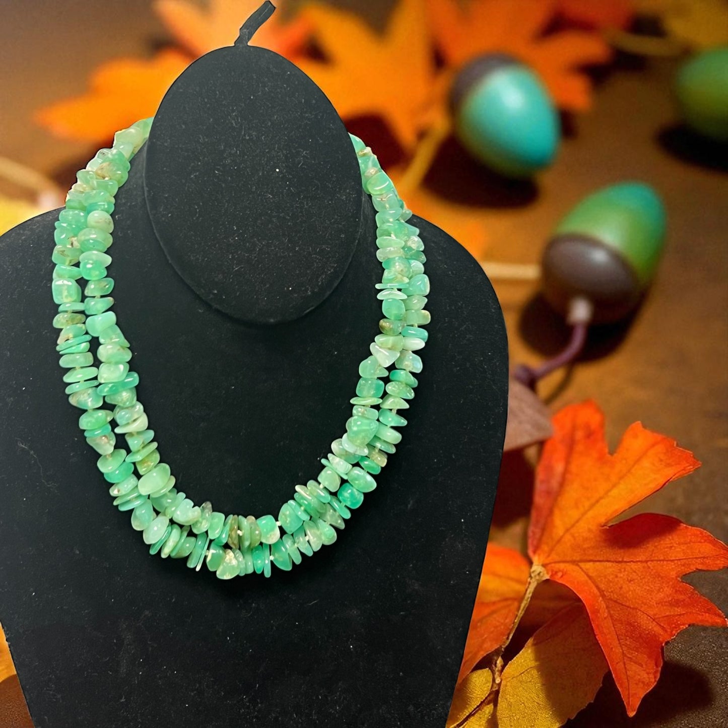 Chrysoprase Double Strand hand knotted necklace with goldfill filigree clasp
