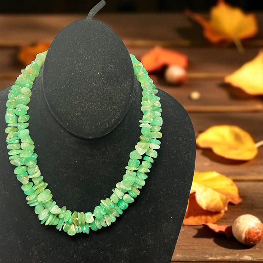 Chrysoprase Double Strand hand knotted necklace with goldfill filigree clasp