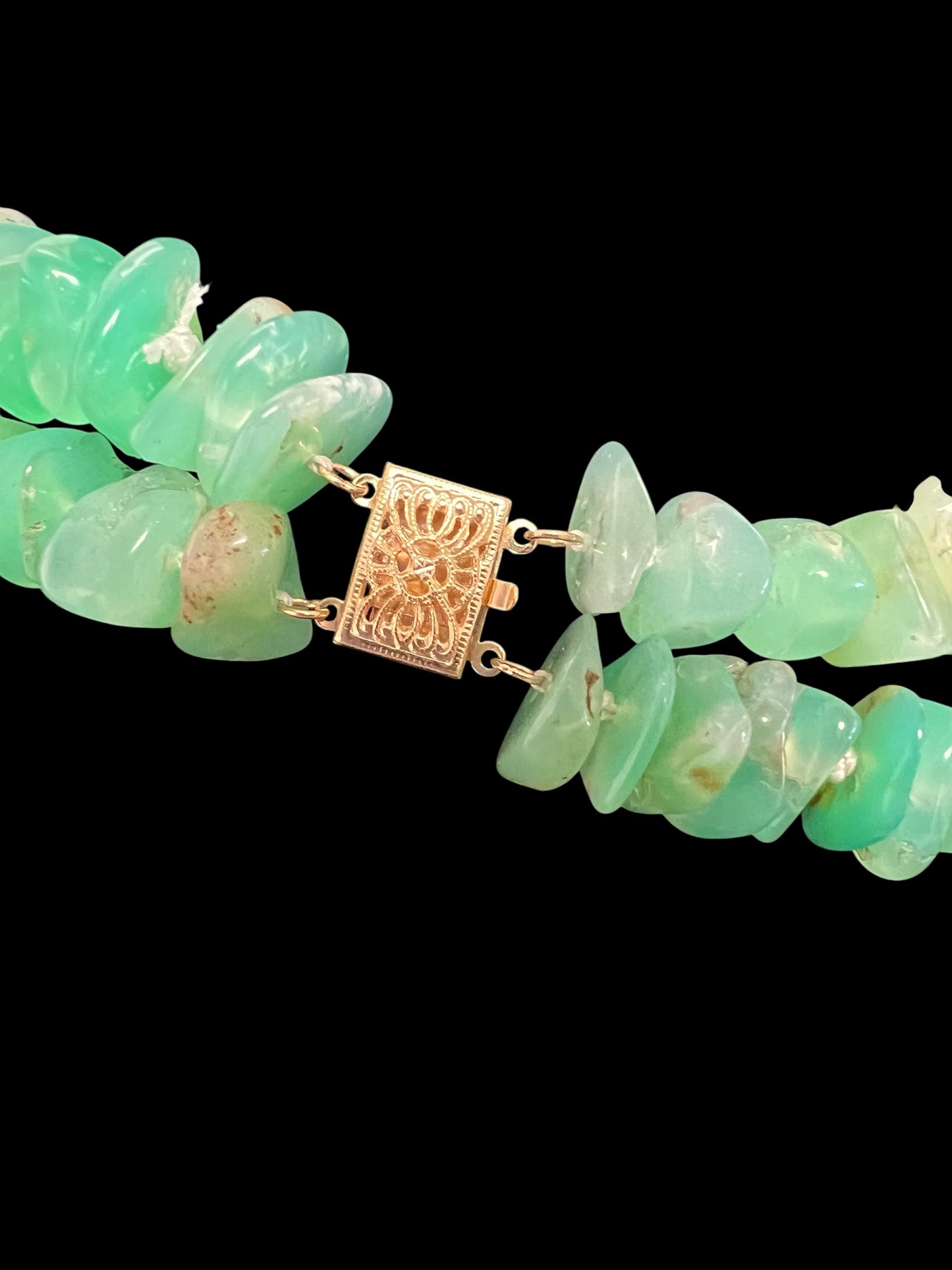 Chrysoprase Double Strand hand knotted necklace with goldfill filigree clasp