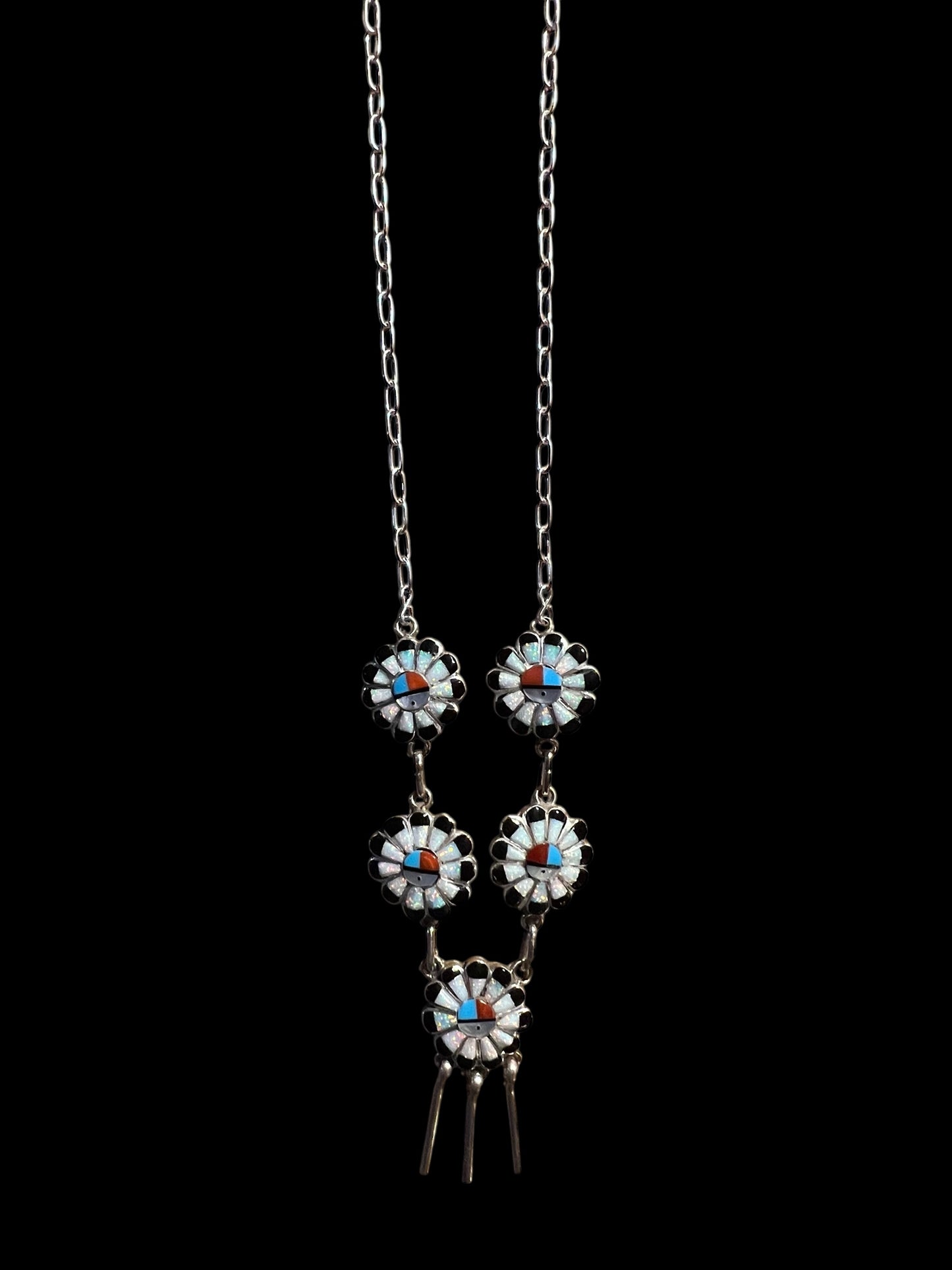 Native American Woman Sterling silver, synthetic opal, turquoise, onyx and coral 'Sunface' Zuni necklace
