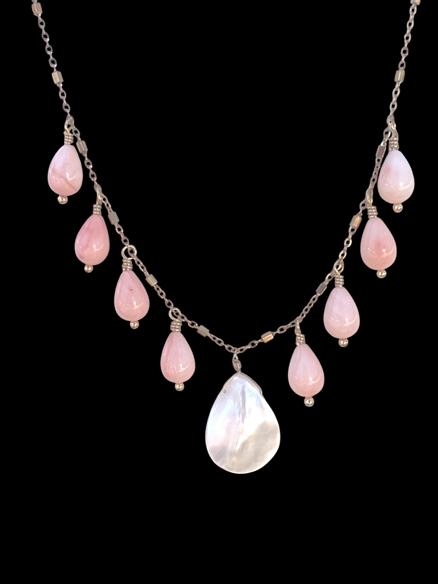 Necklace with Mother of Pearl teardrop, angel skin coral, gold filled chain
