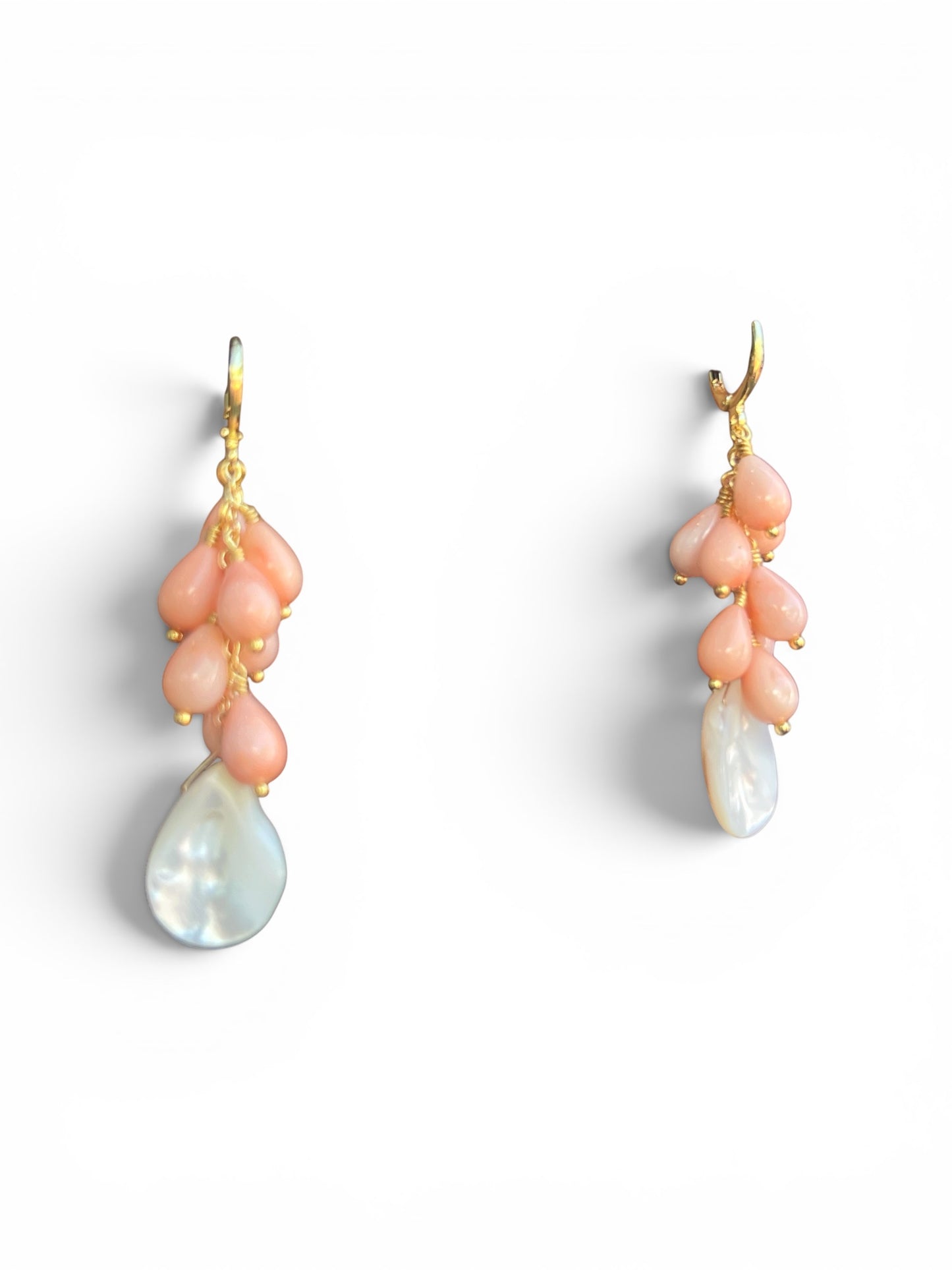 Earrings with gold fill hoops and angel skin coral drops with mother of pearl teardrop