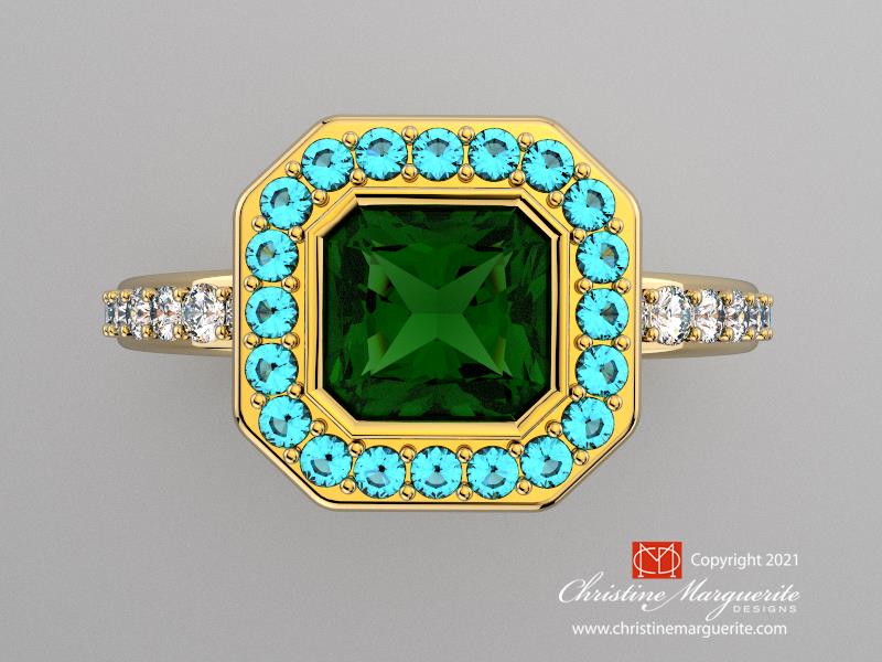 Diopside, and aquamarine halo diamond ring set in 18KY gold