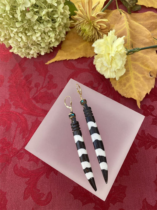 Striped Bone Earrings with gold fill findings and inlaid prayer beads
