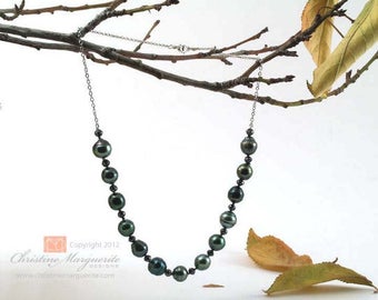 Tahitian Pearl and Black Diamond necklace on 14K white gold cable chain