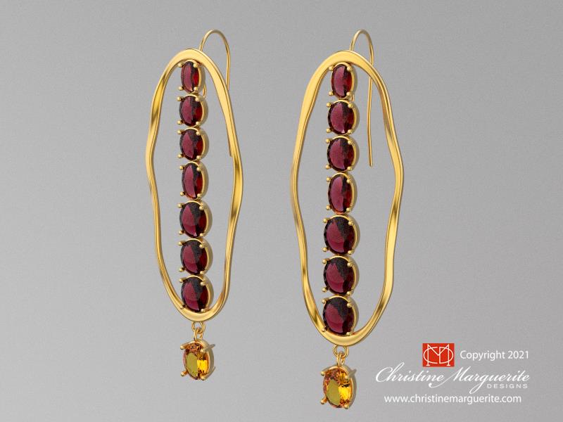 Imperial Topaz oval drop, 19.84 carats, with Spinel- Pendant and Earrings Set in 18KY gold