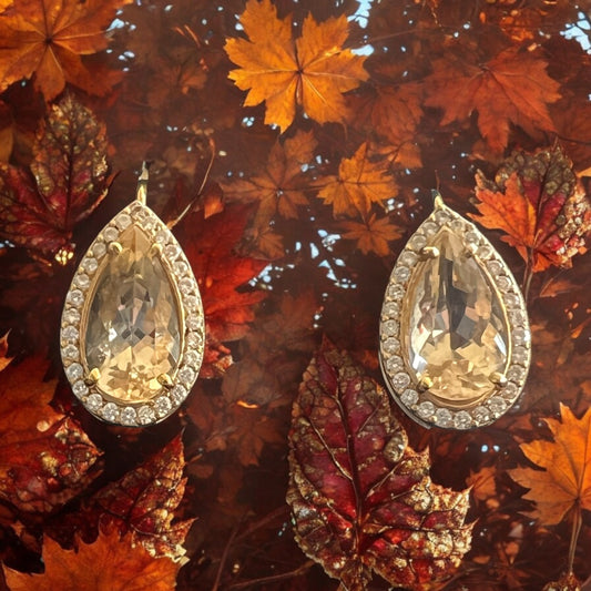 Heliodor Golden Beryl 18KY gold earrings with diamond halos