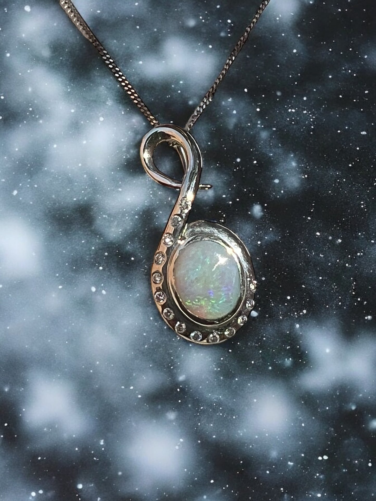 Aurora Borealis Australian White Opal Swirl pendant with diamonds in 14Kwhite gold, 18" chain