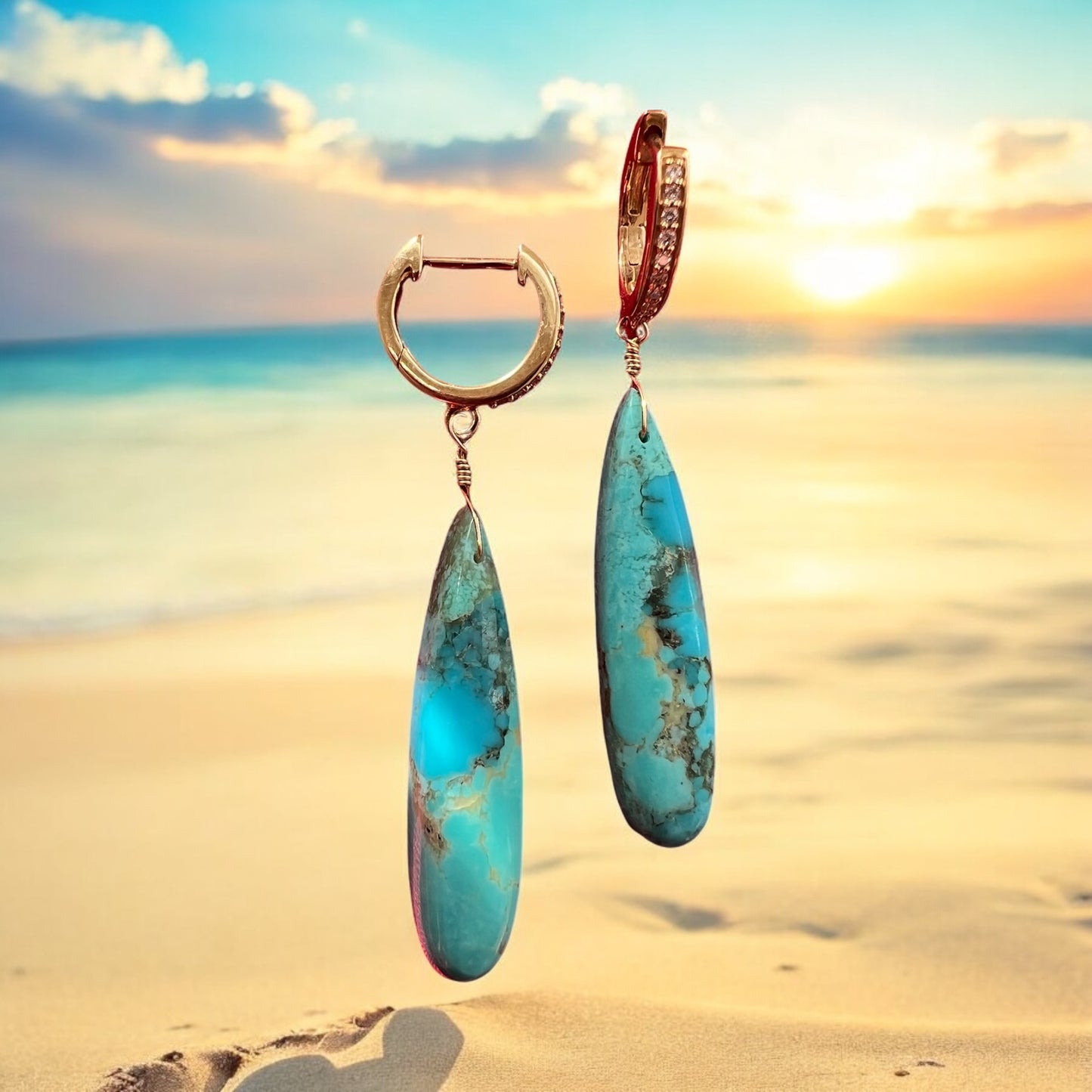 Sleeping Beauty Turquoise earring drops in 14KY gold and natural diamond accent hoops