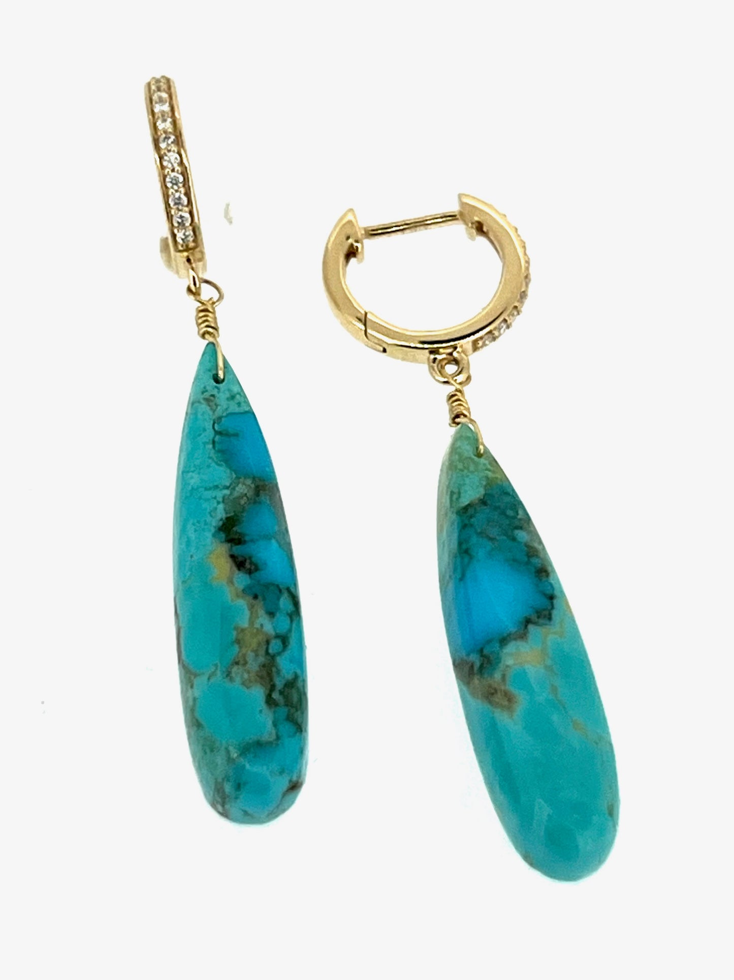 Sleeping Beauty Turquoise earring drops in 14KY gold and diamond hoops