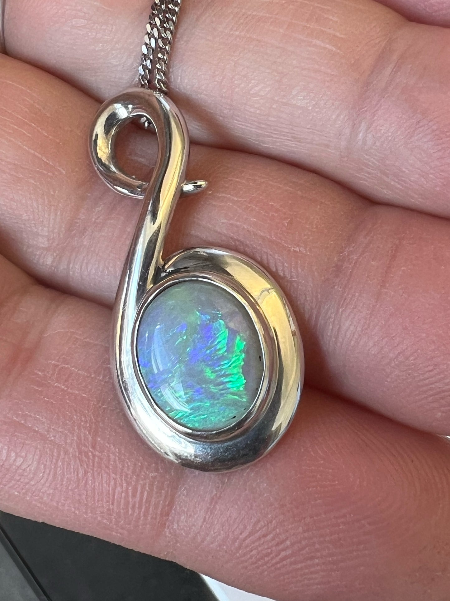 Aurora Borealis Australian White Opal Swirl pendant with diamonds in 14Kwhite gold, 18" chain