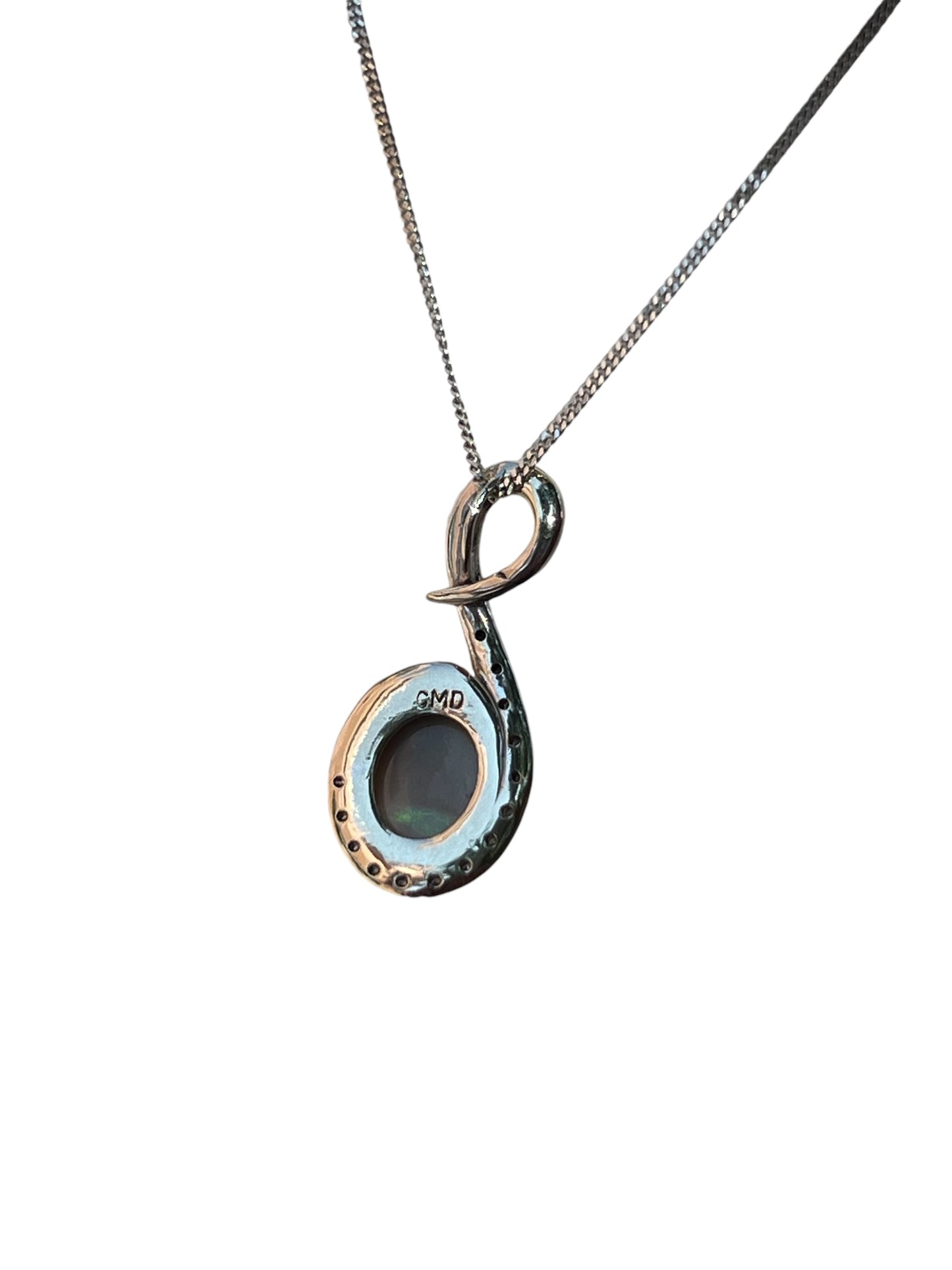 Aurora Borealis Australian White Opal Swirl pendant with diamonds in 14Kwhite gold, 18" chain