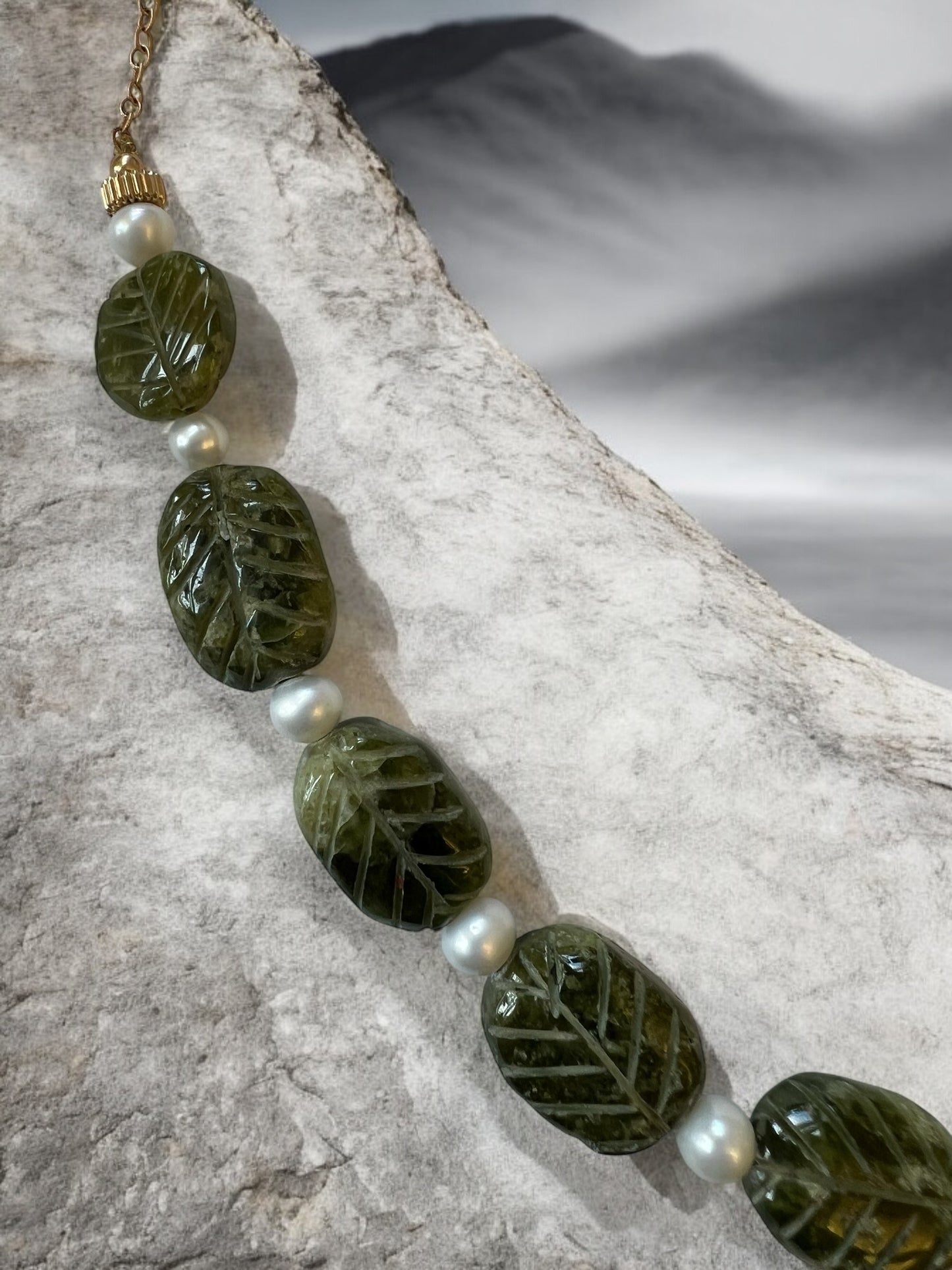 Green Garnet Carved with Cultured pearls and 14KY gold chain accent