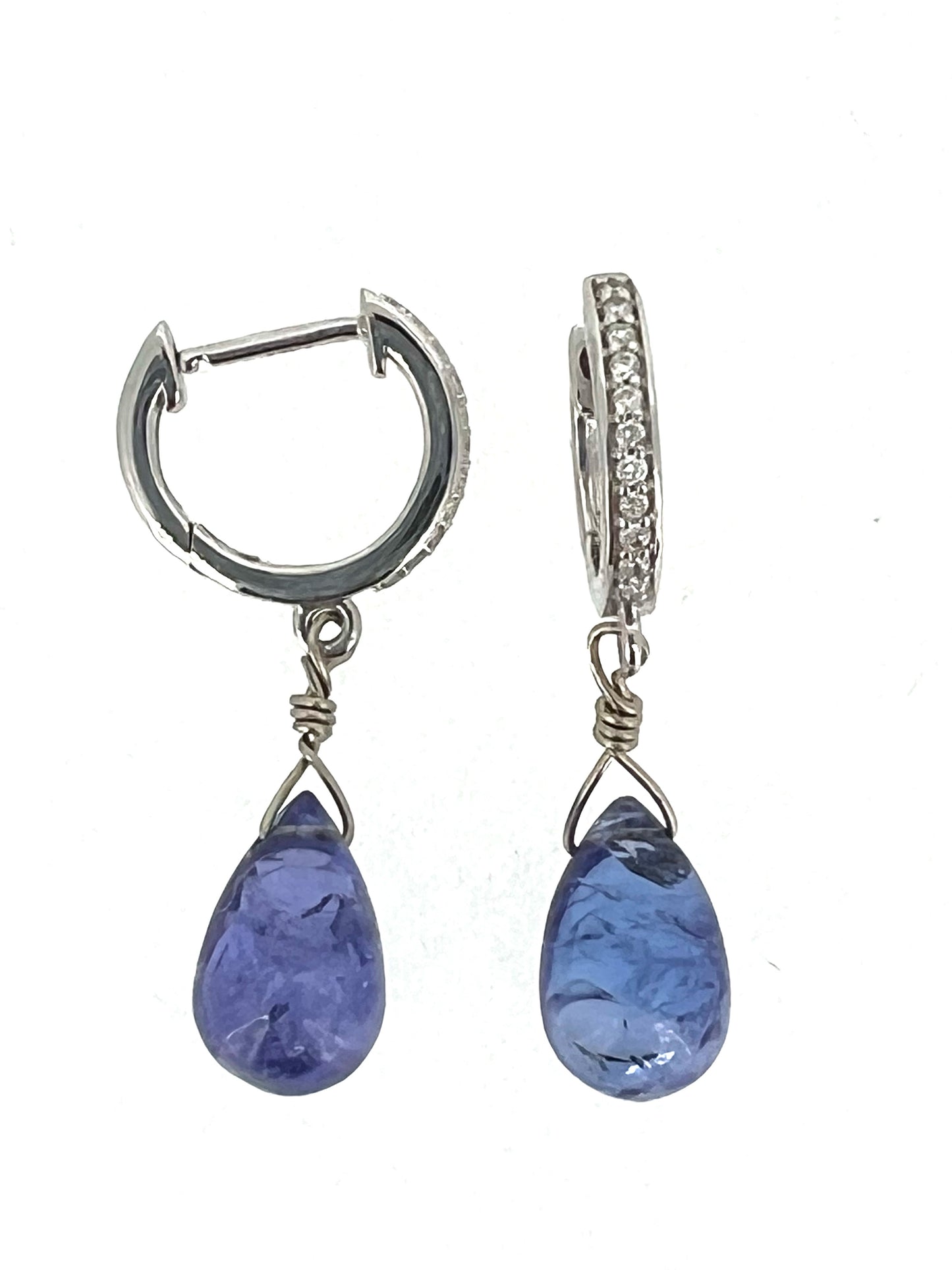 Tanzanite teardrops with 14K white gold diamond hoop earrings