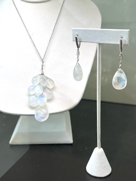 Moonstone Teardrops 14K white gold handmade necklace and leverback earrings