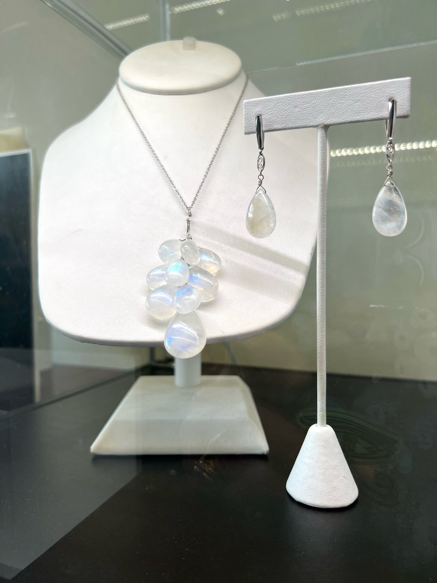 Moonstone Teardrops 14K white gold handmade necklace and leverback earrings