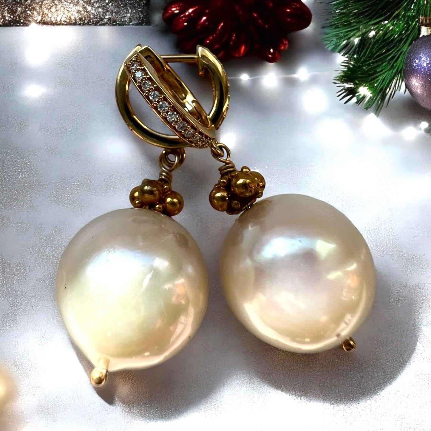 Pearl drop earrings AAA quality set in 18K, 14K and 22KY gold with diamonds