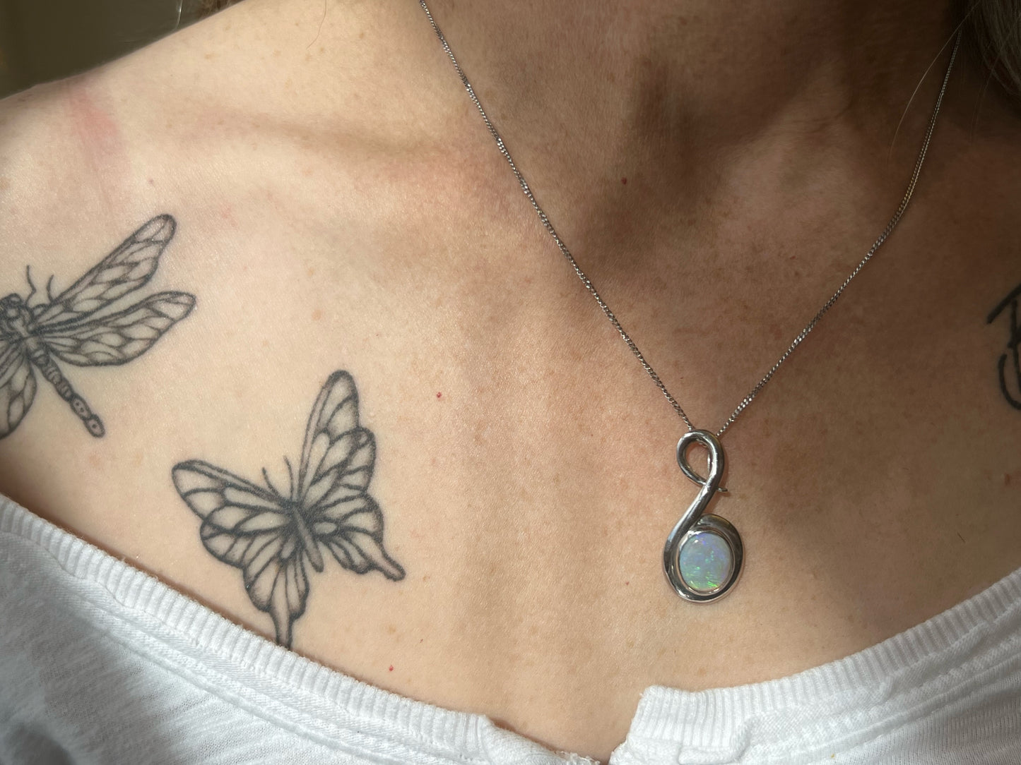 Aurora Borealis Australian White Opal Swirl pendant with diamonds in 14Kwhite gold, 18" chain