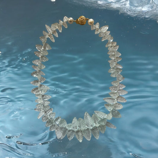 Carved Aquamarine leaf necklace with 14KY gold filigree clasp
