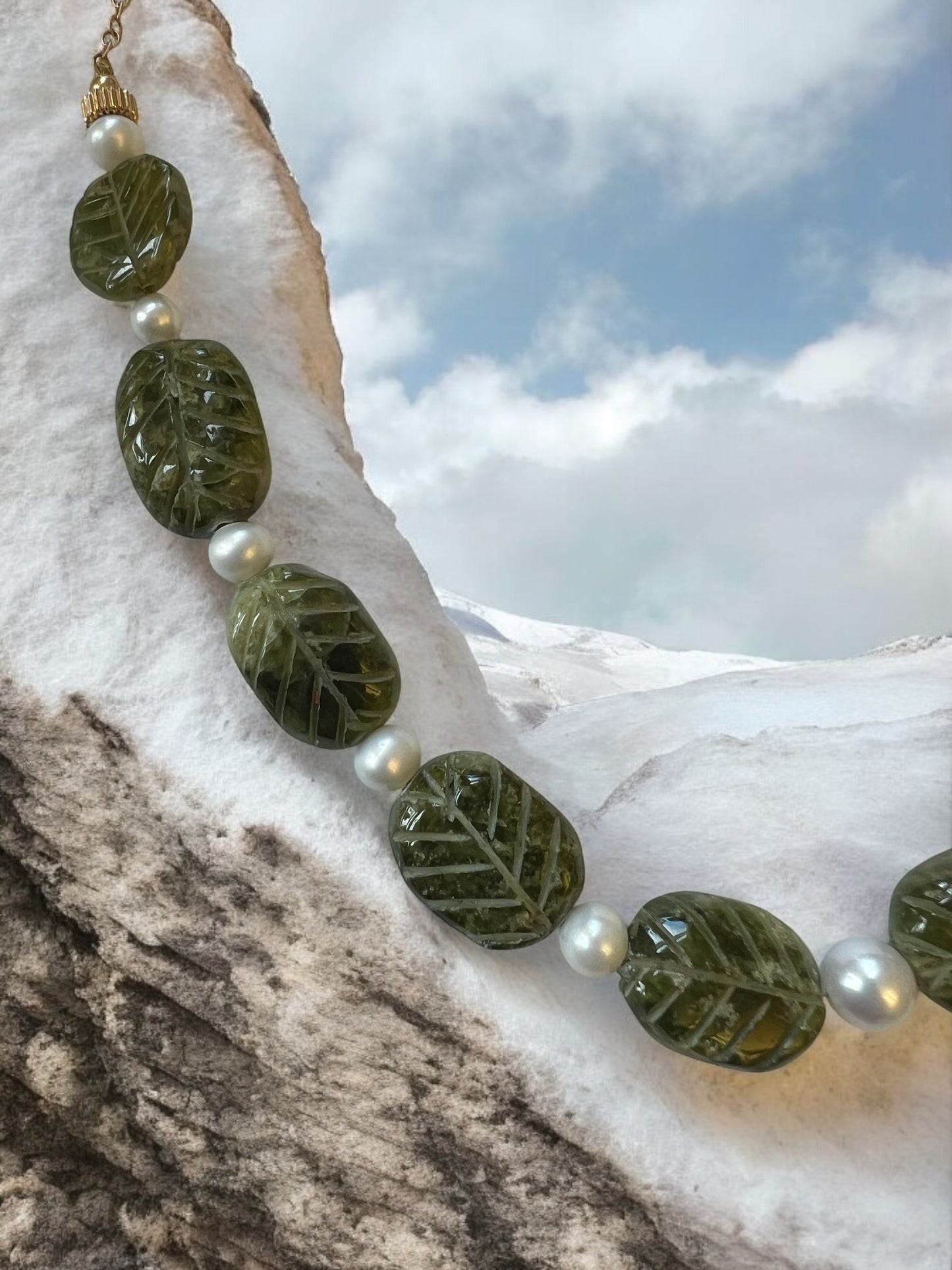 Green Garnet Carved with Cultured pearls and 14KY gold chain accent