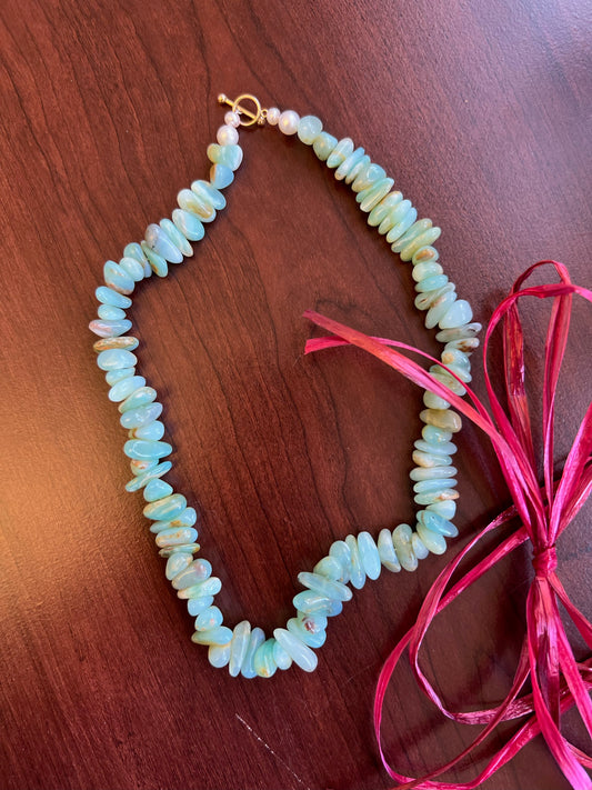 Peruvian Blue rough nugget bead necklace with pearls and 14KY gold toggle