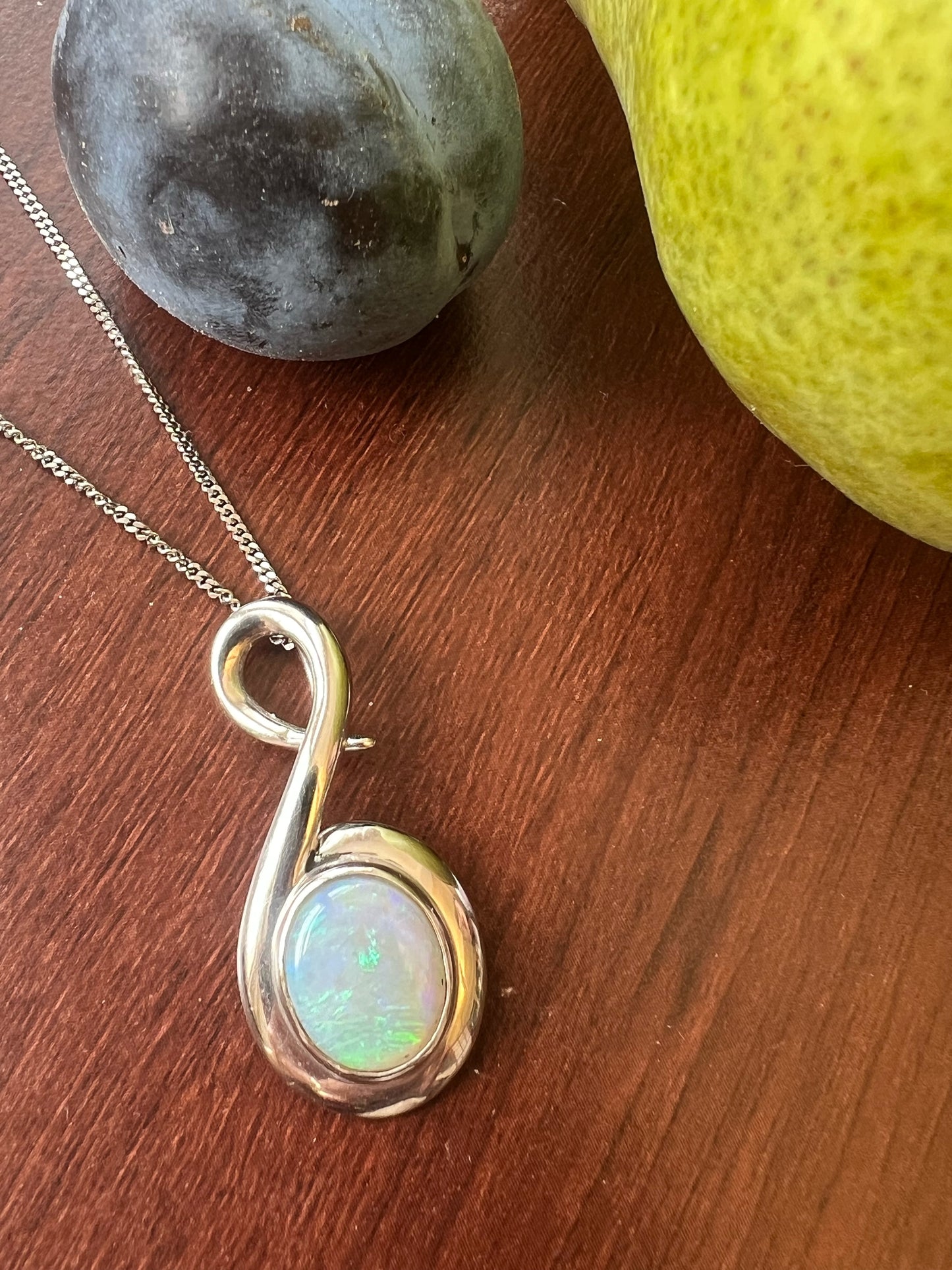 Aurora Borealis Australian White Opal Swirl pendant with diamonds in 14Kwhite gold, 18" chain
