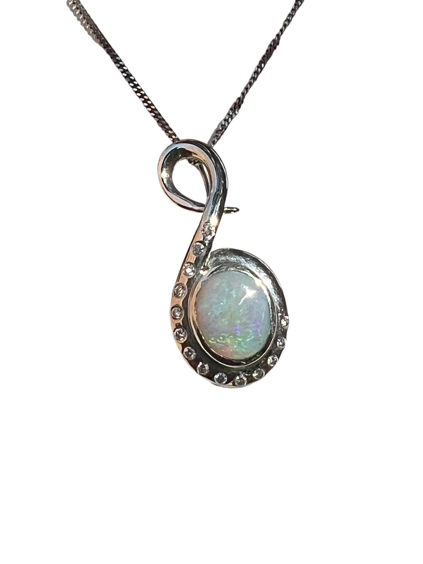 Aurora Borealis Australian White Opal Swirl pendant with diamonds in 14Kwhite gold, 18" chain