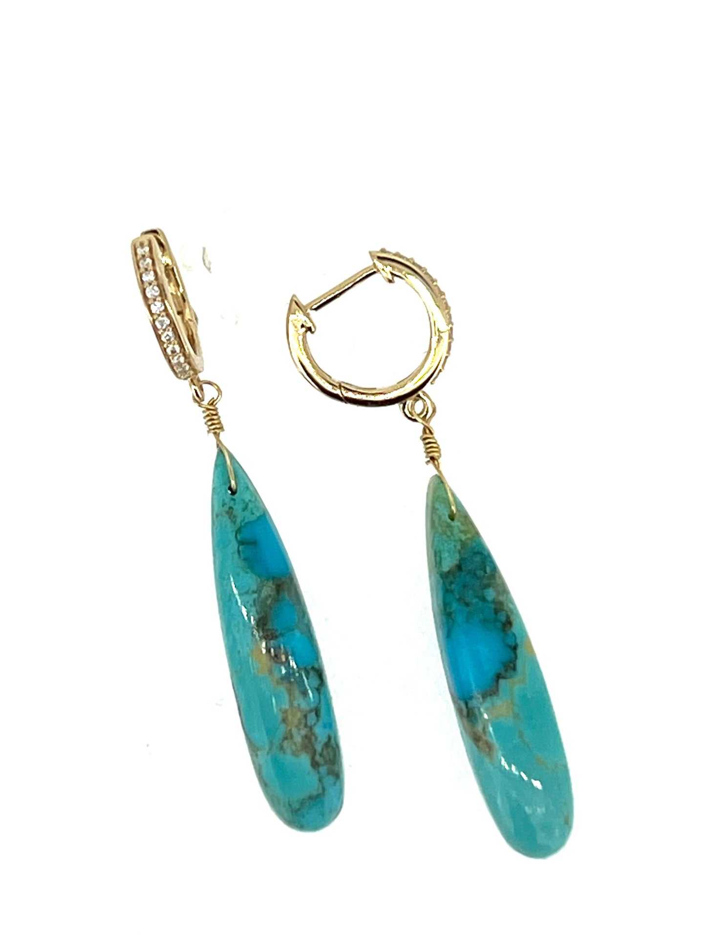Sleeping Beauty Turquoise earring drops in 14KY gold and diamond hoops