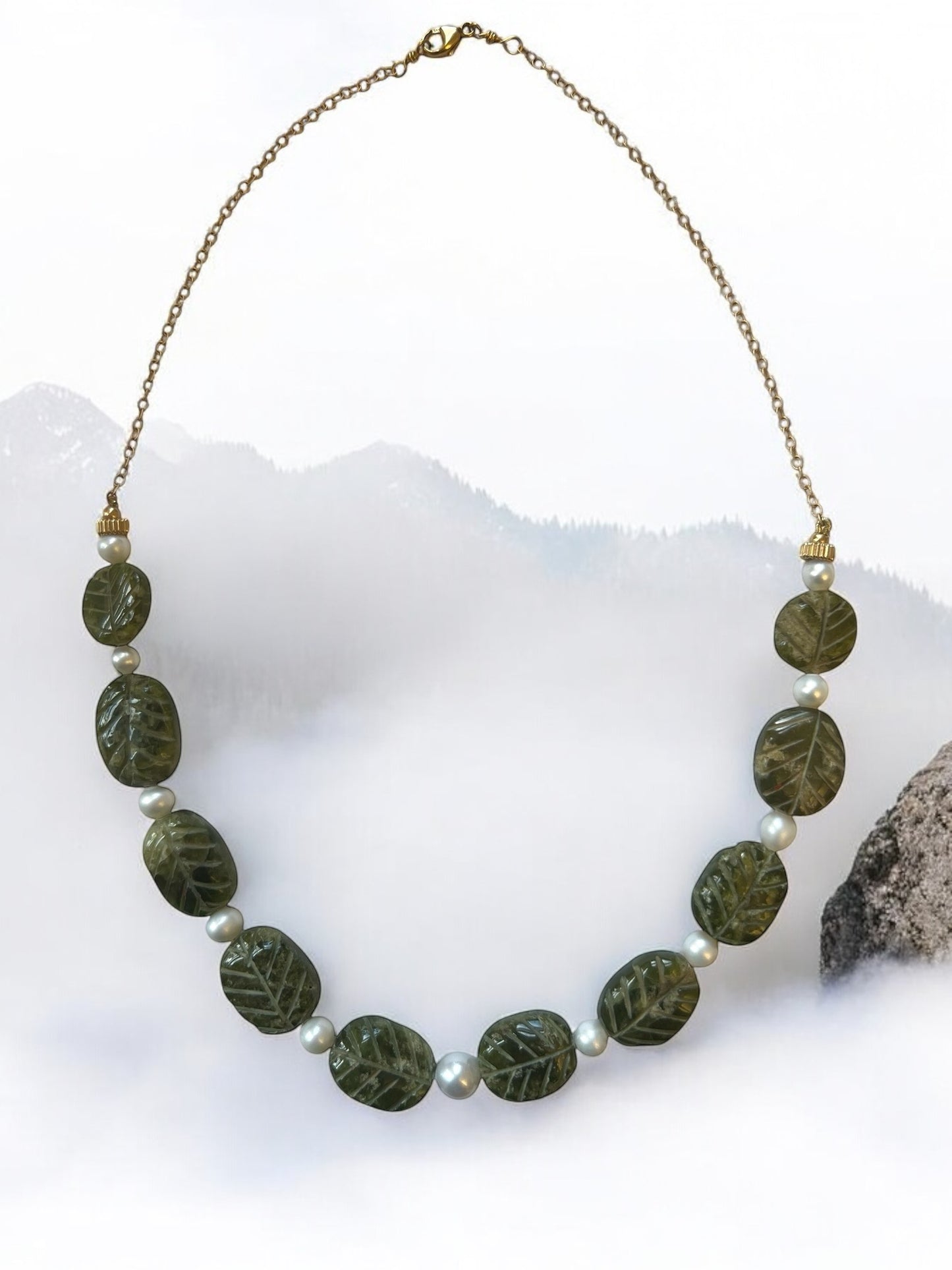 Green Garnet Carved with Cultured pearls and 14KY gold chain accent