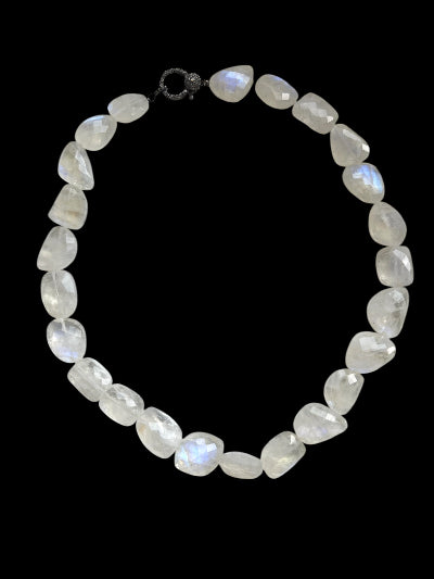 AAAA quality large moonstone nugget necklace with sterling silver and black diamond clasp