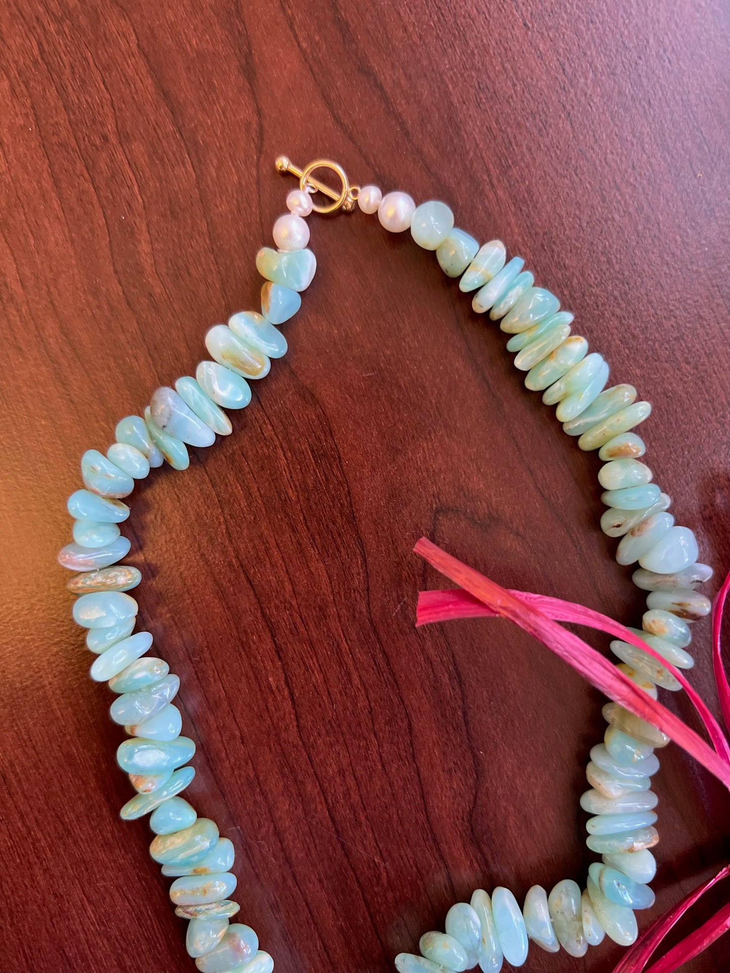 Peruvian Blue rough nugget bead necklace with pearls and 14KY gold toggle