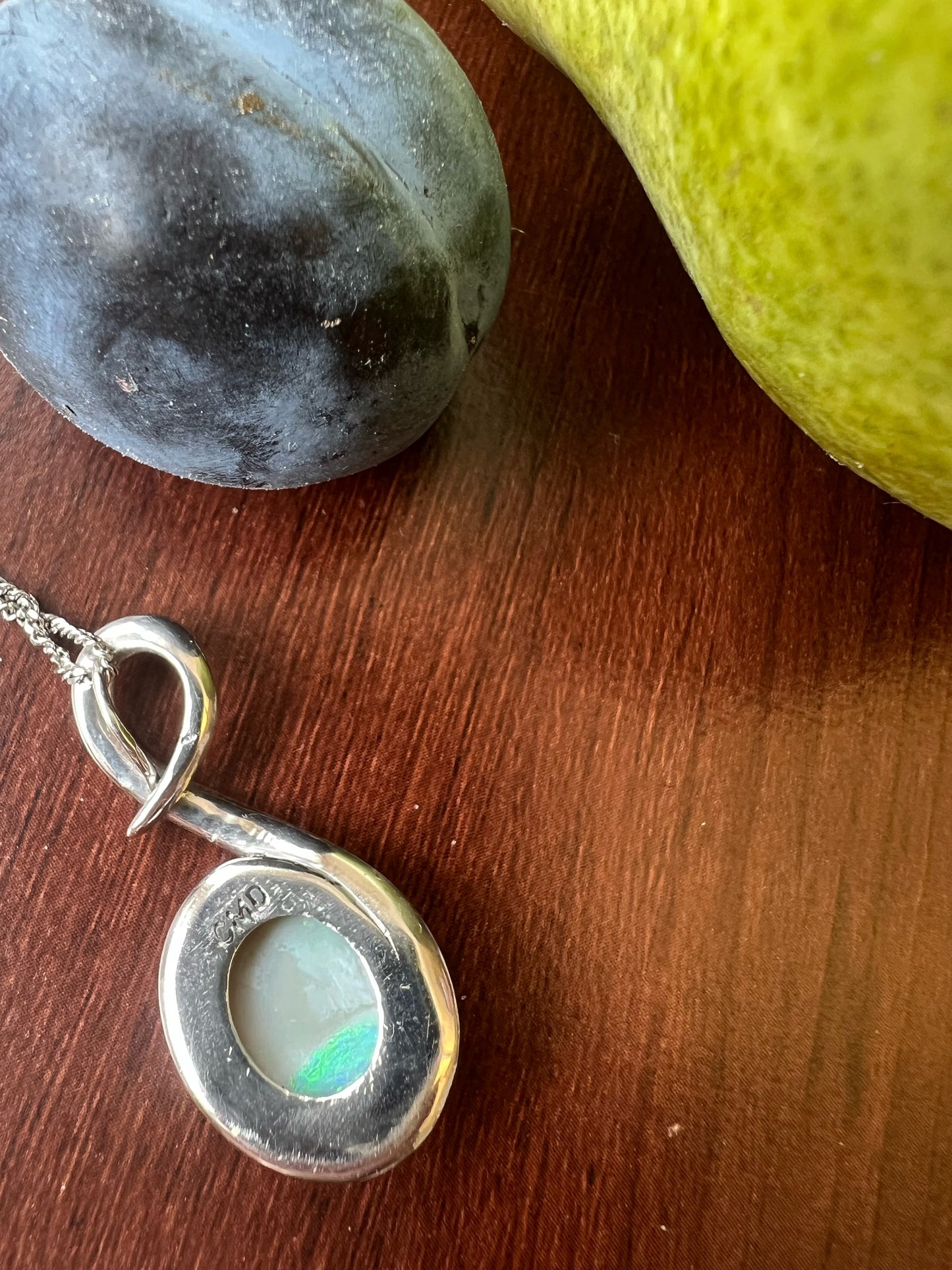 Aurora Borealis Australian White Opal Swirl pendant with diamonds in 14Kwhite gold, 18" chain