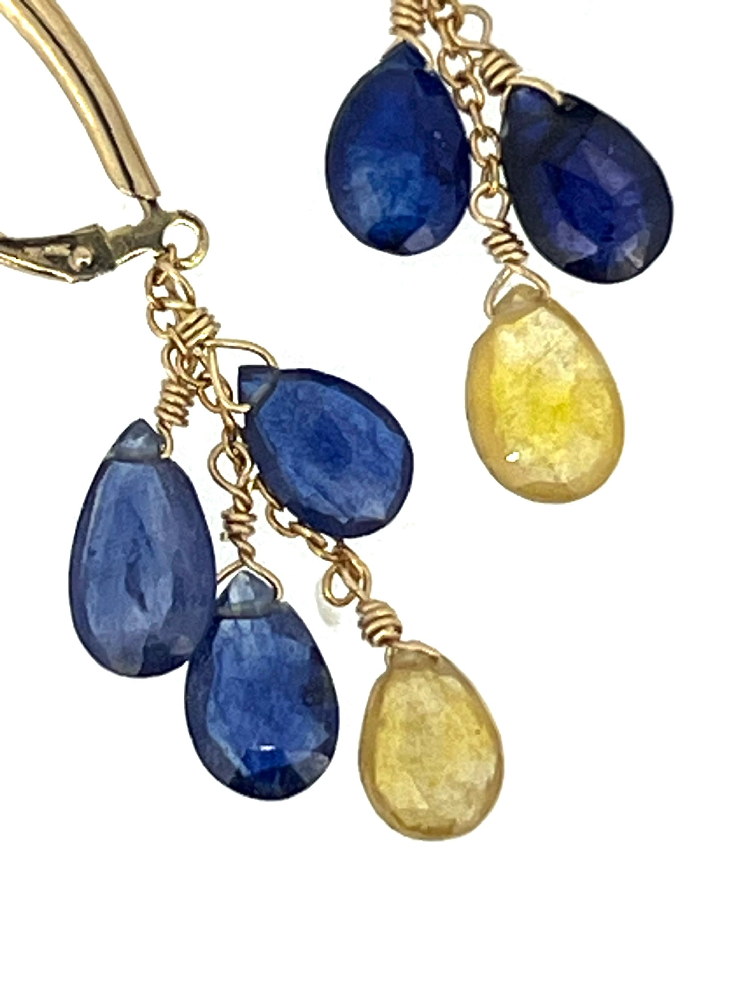 Blue and Gold Sapphire Briolettes with Gold Fill Chain and Leverbacks