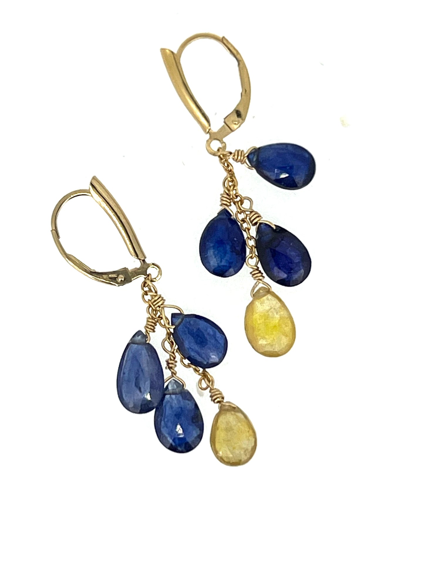 Blue and Gold Sapphire Briolettes with Gold Fill Chain and Leverbacks