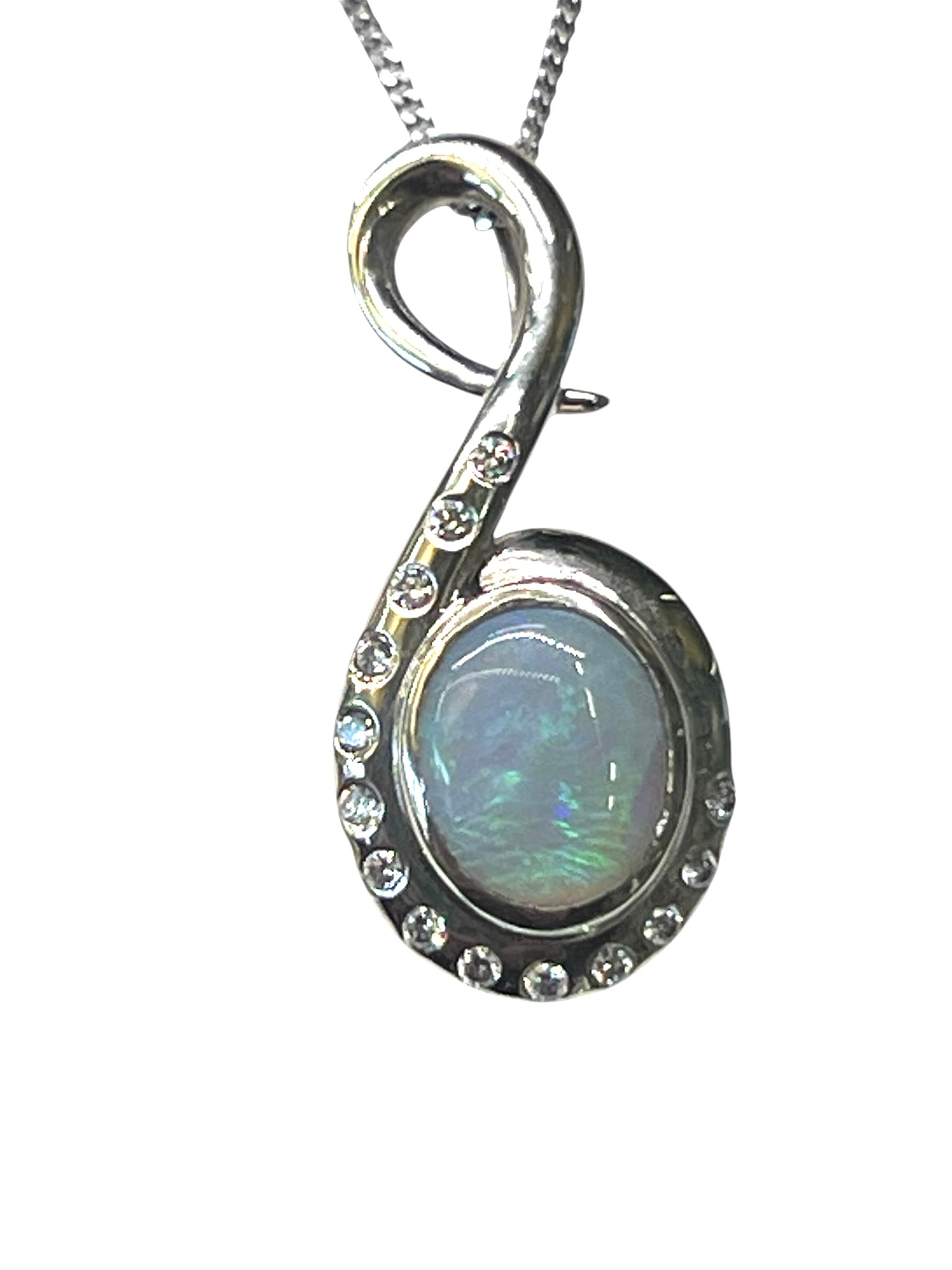 Aurora Borealis Australian White Opal Swirl pendant with diamonds in 14Kwhite gold, 18" chain