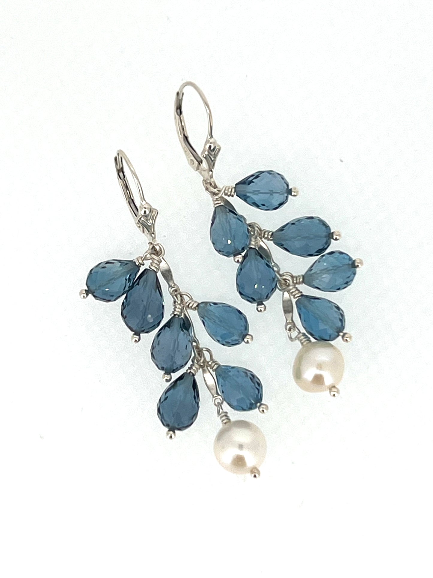 London Blue Topaz Briolette drops and Cultured Pearls on Sterling Silver Leverbacks