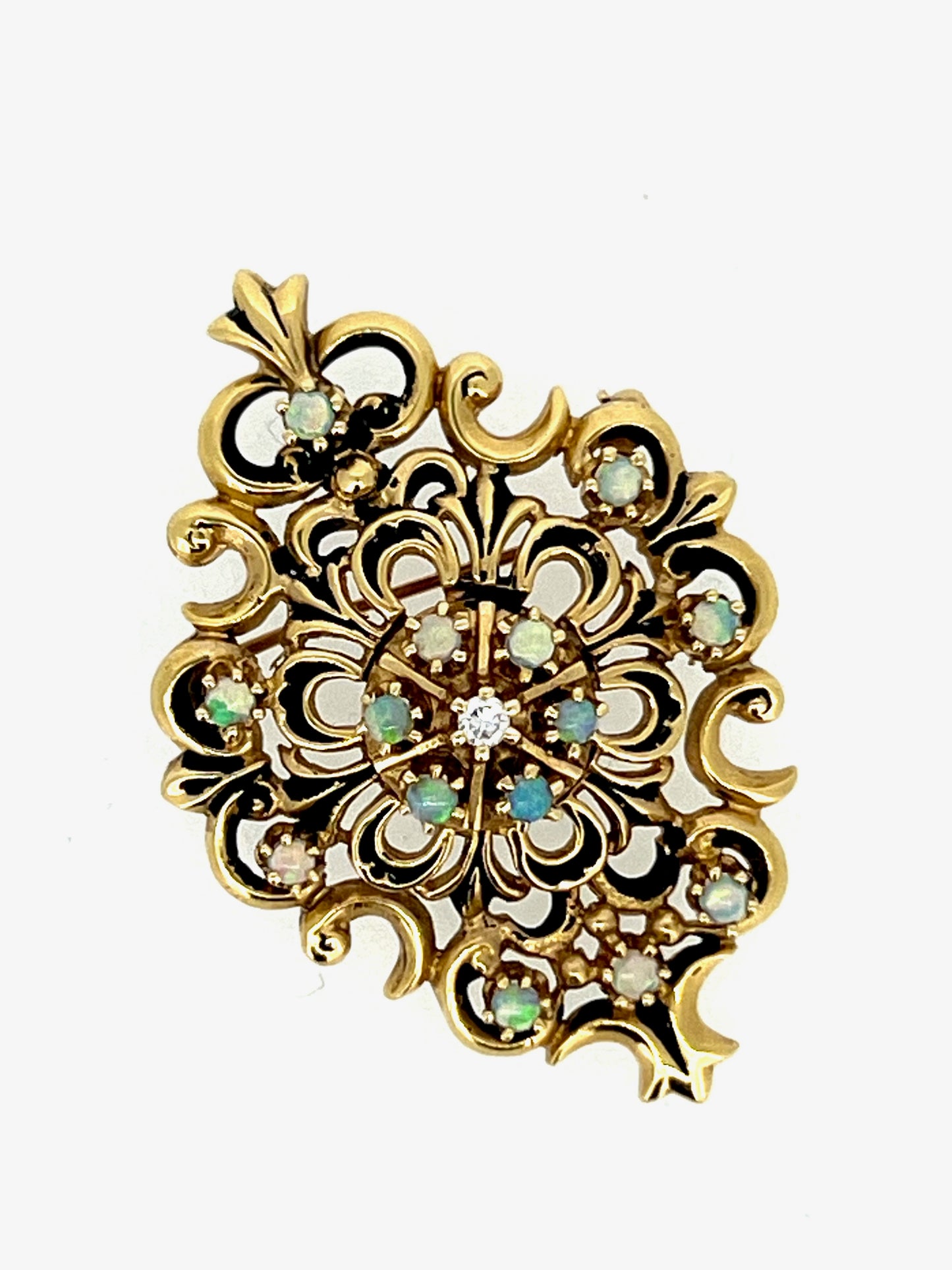 Victorian 18KY gold pin with opal cabochons and diamond center convertible pin/pendant